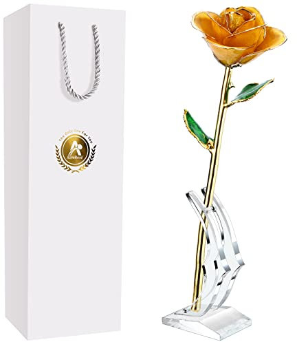 AliveRose Goldene Rose, 24 Karat Goldrose, aus echter Rose, einzigartiges Design für Jahrestag, Valentinstag, Muttertag, Geburtstagsgeschenke (gelbe Rose mit Ständer)