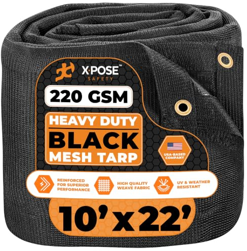 Xpose Safety Heavy Duty Mesh Tarp 10' x 22' – Multipurpose Black Protective Cover with Air Flow - Use for Tie Downs, Shade, Fences, Canopies, Dump Trucks – Weather and Tear Resistant