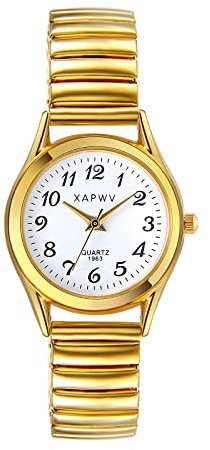JewelryWe Women's Ultra Thin Easy Reader Watch with Elastic Strap Golden/Silver Tone Stretch Band Watches for Christmas Xmas, gold strap white dial - 6.3, (6.3in - 7.87in)