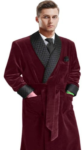 Apornipal Herren Lange Raucherjacke mit Gürtel Samt Räuchermantel Schal Revers Steppmantel Morgenmantel, Weinrot, 58
