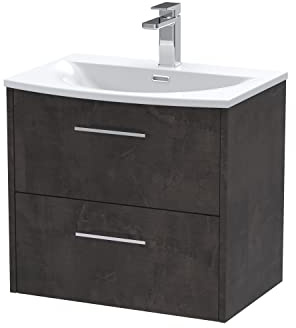 Hudson Reed JNU2624G Juno Modern Bathroom Wall Hung 2 Drawer Vanity Basin Unit & Curved Ceramic Basin, 600mm, Matt Metallic Slate