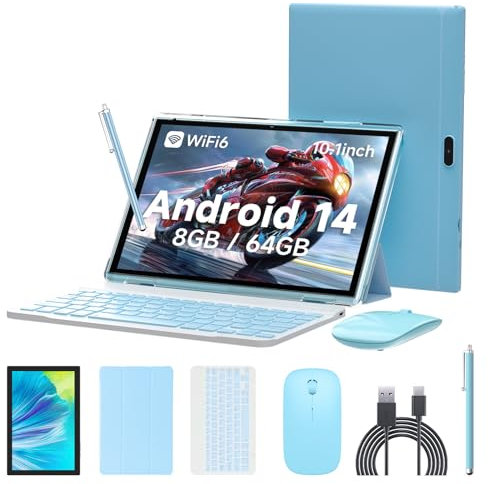 RUIQIAI Tablet Android 14, tablet 2 in 1 da 10 pollici, con custodia per tastiera, 8 GB + 64 GB ROM/1 TB, Quad Core, Dual Carema, giochi, Wi-Fi, BT, GMS (blu notte)