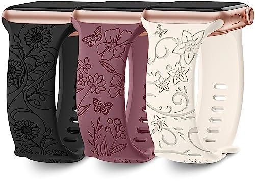 AMSKY 3 Pezzi Fiori Cinturino Compatibile con Apple Watch 40mm 46mm 41mm 44mm 45mm 38mm 42mm 49mm Donna, Floreale Cinturini in Silicone Compatibile con iWatch Se Ultra Series 10 9 8 7 6 5 4 3 2 1