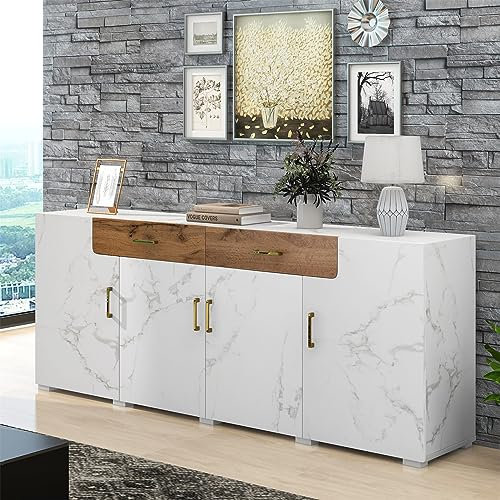 Sweiko Kommode mit 4 Türen und 2 Schubladen, Eiche Farbe Sideboard mit Verstellbare Ablage, Schubladenkommode Küchenschrank Holz Mehrzweckschrank für Flur Schlafzimmer Wohnzimmer Badezimmer