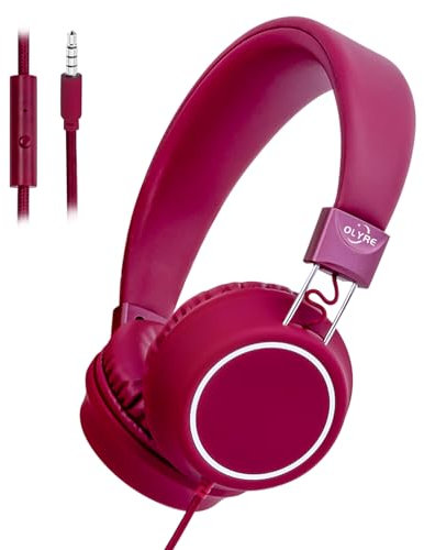 Olyre Kids Headphones Wired with Microphone 3.5mm Jack Lightweight Foldable Toddler Headphones for School & Travel, Braided Cord Durable Design for Boys & Girls (Velvet Red)