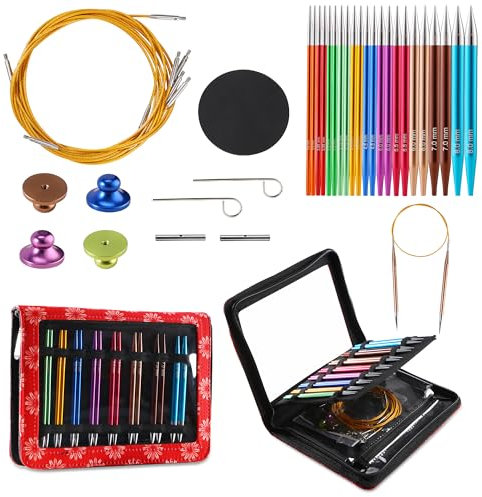 JOZEA 11 Paare Auswechselbares Rundstricknadelset mit Etui und Zubehör für arthritische Hände,3.00-8.00mm
