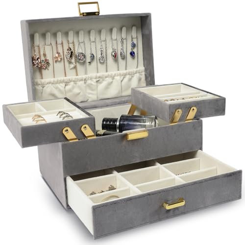 Dajasan Schmuckkästchen, Schmuckaufbewahrung für Damen, Groß Schmuck Organizers, Samt Schmuckschatulle mit 1 Schubladen für Ringe, Ohrringe, Armbänder, Halsketten (Grau)