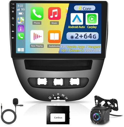 [8 Core 2G+64G] Car Radio for Toyota Aygo/Peugeot 107/ Citroen C1 2005-2014, 10 inch Android 13 Touch Screen Stereo, Apple Carplay/Android Auto/1280 * 720 IPS/32 EQ DSP Audio/WiFi/SWC/Bluetooth