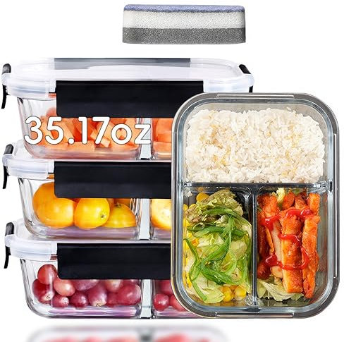 IUGHN Set of 4 Meal Prep Containers Reusable, 1040 ML Glass Containers with Lids, Three Compartments, Airtight Food Storage Container BPA Free Glass Food Containers for Microwave, Oven, Freezer