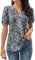 GRECERELLE Ladies Shirts V Neck Pleated Blouses Ruffle Short Sleeve T Shirts for Women UK Elegant Summer T-Shirts Blouses for Women UK (Black + Anemone, XXL)