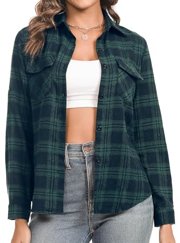 Aottori Chemisier à Carreaux Femme Coton Chemise Flanelle Chic avec Bouton Classique Blouse Bucheron Western Décontractée Retro Ecossaise Casual Vintage Blouse A-Noir Vert L