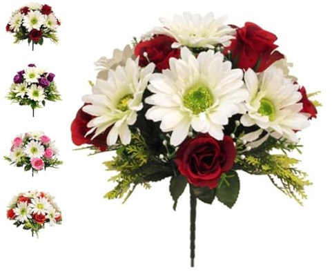 Bouquet di boccioli di rosa e gerbera da 32 cm, fiori artificiali per tombe, per decorazioni e esposizioni floreali del cimitero, casa e giardino, per interni ed esterni, 4 colori (rosso e avorio)
