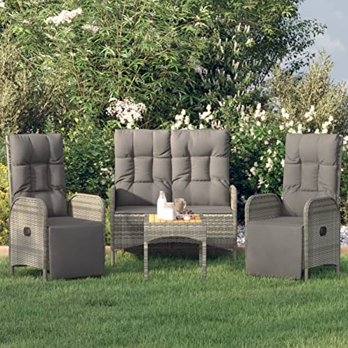 Gaseeto Gartenmöbel Essgruppe Verstellbare Rückenlehne Polyrattan Gartenmöbel 4-TLG. Gartensessel Polyrattan mit Verstellbare Rückenlehne Grau Rattansofa 2 Sitzer Outdoor-Bank Terrassenmöbel