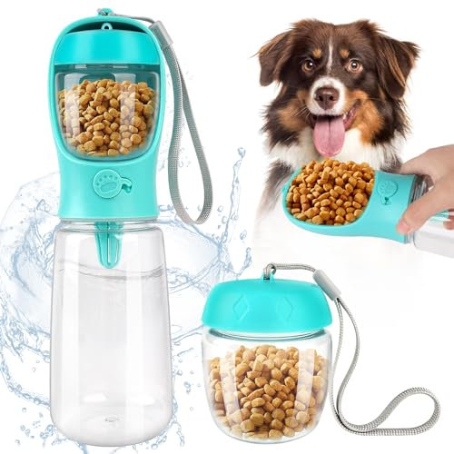 Trinkflasche Hunde für Unterwegs Große Kapazität 550 ml Hunde Trinkflasche Mit Lebensmittelbehälter (100 g) Tragbare Trinkflasche für Hunde für Spaziergänge Haustier Wandern Unterwegs