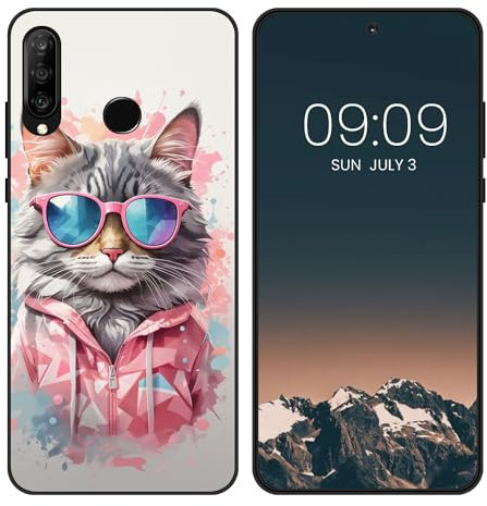WUACYEAMING Noir Coque pour Huawei P30 Lite, Haute Qualité TPU Silicone Mince Souple Antichoc Bumper avec Le Chat Motif Dessin Mat Case