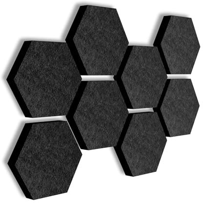 SILENT4® Schallabsorber Wand Set HEXAGON, 8 Elemente aus Akustikvlies, Klebemontage, Akustikbild Schwarz, besserer Sound durch Akustikplatten für Büro, Homeoffice und Gaming