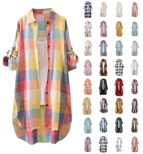 Leinenbluse Damen Oversize Große Größen Tunika Tops Longtops Damen Lang Trachtenbluse Knopfleiste T-Shirts & Blusen Für Frauen Karierte Bluse Italienische Blusen Hawaii Hemd Long Bluse(2-Yellow,L)