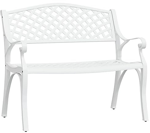 Makastle Gartenbank Metall, Parkbank Wetterfest, Sitzbank mit Rückenlehne & Armlehne, Ruhebank Retro-Stil, Gartenmöbel Aluminiumguss, Bank für Garten Park Balkon, 102 x 50 x 83 cm Weiß
