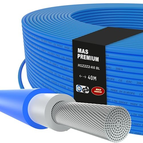 MAS-Premium H1Z2Z2-K, cavo solare 6 mm², certificato TÜV 2, senza alogeni, doppio isolamento, installazione libera o fissa in impianti fotovoltaici, lunghezza: 5-200 m (blu, 40 m)