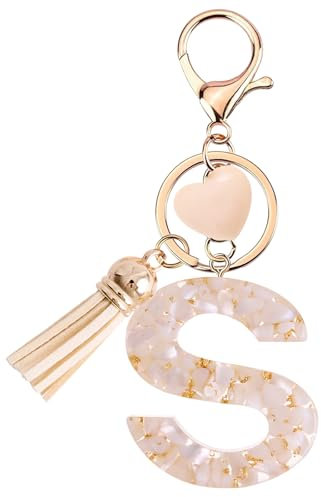 Vorysum Schlüsselanhänger Kinder Schlüssel Buchstabe Anhänger Beige Marmor Harz Mit Anfangsbuchstaben Gold Schlüsselringe Herzförmig Schlüsselanhänger Personalisiert Mädchen Keychain Geschenk (S)