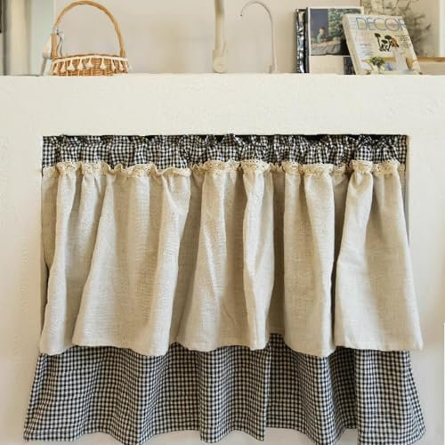 Cortina corta para ventana pequeña de algodón y lino, cuadros a cuadros, opaca, cenefa, media cortina para cocina, cafetería, dormitorio, armario (130 cm de ancho x 70 cm de alto)