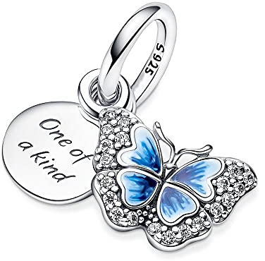 Wedanor Charme Blauer Schmetterling Zitat Double Dangle Charms-Anhänger 925 Sterling Silber Charm Bead Pendant für Europäische Armbänder und Halsketten