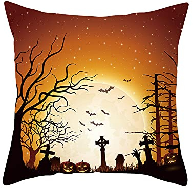 Kissenbezug 60x60 Halloween Orange Mond Kissenbezüge Leinen Waschbar Kissenbezug Outdoor Dekokissen Cushion Cover mit Reißverschluss Kissenhüllen für Sofa Wohnzimmer Garten Deko Kissen