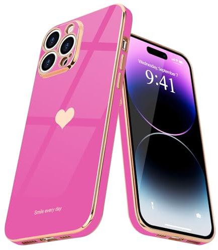 Teageo for iPhone 14 Pro Max Case Cute Heart Pattern for Women Girls Slim Luxury Bling Plating Soft TPU Anti-Scratch Shockproof Bumper Phone Case for iPhone 14 Pro Max, Rose Pink