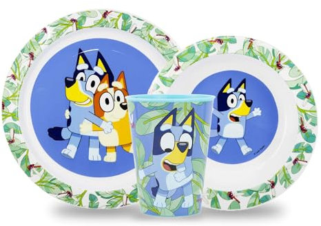 Sorrisini Vajilla Infantil Reutilizable para Niños, Juego de Platos de Plástico Infantiles para Guardería, Escola, Juego Destete para Primera Comida de para Bebé con Plato, Cuenco, Vaso 260ml, Bluey