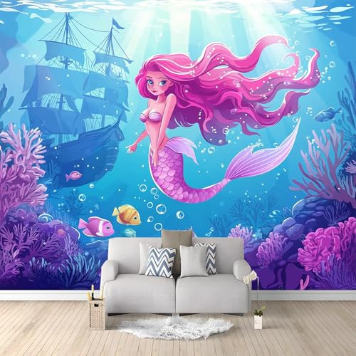 Papier Peint Intissé Sirène De Dessin Animé Anime 350x256 cm Papier Peint Panoramique Moderne, Tableaux Muraux Tapisserie Photo, Papier Peint Mural pour Salon, Chambre, Fond Décor TV