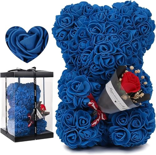 GDJIAYIYI Orsetto di fiori artificiali, realizzato a mano, regalo di compleanno, regalo per lei, signore, fidanzate, ragazze, mamme, nonne, padri (blu)