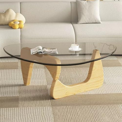 Moderna mesa de centro de cristal con base de madera, diseño triangular, perfecta para sala de estar o balcón, mesa central de estilo de mediados de siglo (transparente, 114 x 82 x 40 cm)