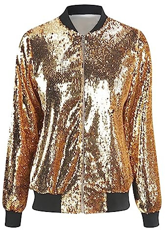 Damenjacke mit glänzenden Pailletten, langärmelig, Reißverschluss, Halloween, Party, Pilotenjacke, Damen-Skijacken, gold, S