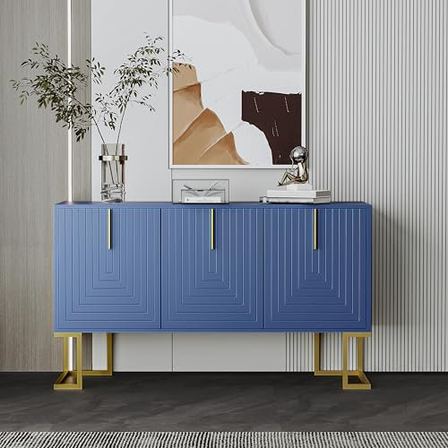 BNUZ Aparador moderno de 3 puertas con estantes ajustables, puertas de armario en forma de U y tiradores de metal y base para comedor y cocina, color azul marino (azul marino)