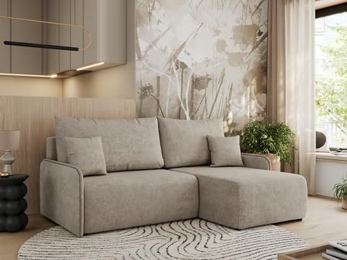 MKS MEBLE Ecksofa mit Schlaffunktion, Sofa L-Form, Schlafsofa mit Bettkasten, Bettsofa - Beige Struktur - Arpa L - Rechts