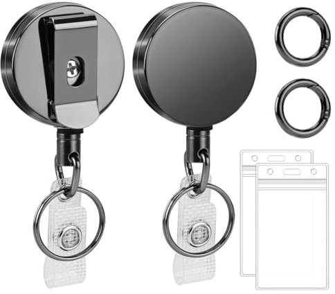 Lahdrhab Confezione da 2 porta badge retrattili resistenti, in metallo, retrattili, porta badge verticale, nero