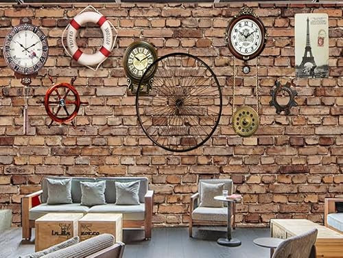 Fototapete 3D Effekt Tapetemechanische Retro-Uhr Aus Ziegelmauervliestapeten Tapete Schlafzimmer Wohnzimmer Fototapete 3D Tapete 150Cm(W)*105Cm(H)