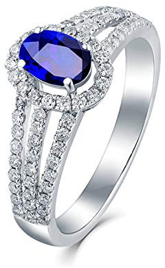 Stfery Ring 18 Karat Weißgold Damen, Verlobung Ringe mit Saphir in Ovalschliff, Diamantring Echt Gold Schmuck, Gr.47 (15.0)