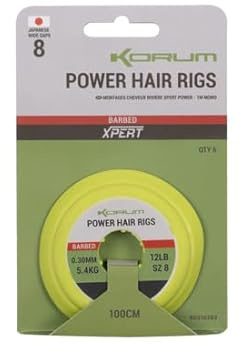 Korum Power Hair Rigs Size 12 10lb Barbed 100cm | Feeder Fishing Hook Lengths | Expertly Tied | Smokeshield Mono | XPERT POWER Hooks | Supplied on Large Water Resistant Spool | Code K0310285
