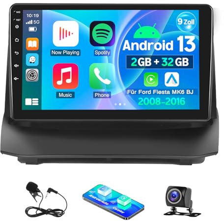 Android 13 Autoradio Doppia Din con Carplay Android Auto per Ford Fiesta MK6 BJ 2008-2016, 9 HD Touch Screen Controllo vocale Bluetooth 4.0 FM RDS Radio GPS Navigatore WiFi 2+32G