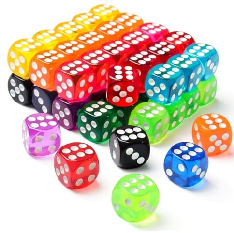 AEKZOX 50 Stück Würfel Bunt Set 14mm 6 Seitige Spielwürfel Durchsichtig Farbwürfel Acryl Dice Set für Würfelspiele Tischspiele