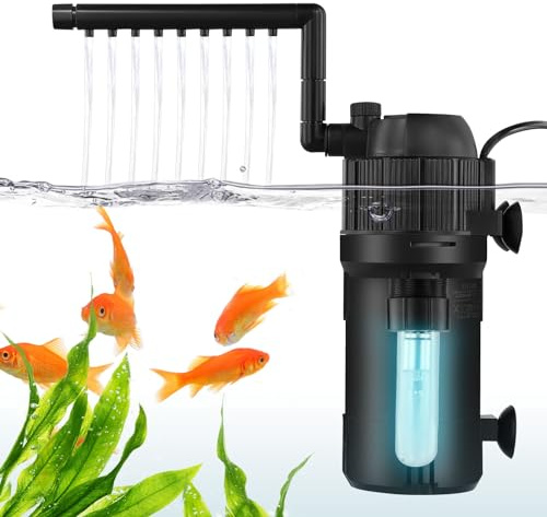 Mekturm 5 in 1 Internal Fish Tank Filter, Aquarium Filter Pump, UV Steriliser, Turns Green Water to Clear, Timing Flow Rate and Direction Adjustable, for 15-80L Aquarium
