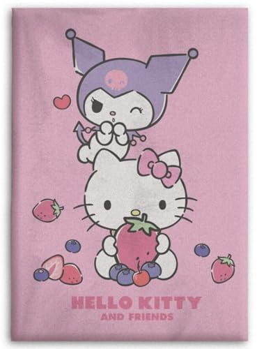 Aymax Hello Kitty & Kuromi Fleece Kuscheldecke – Kinder Wohndecke 100x140 cm – Weiche Fleecedecke aus Polyester – Rosa Decke mit Erdbeer-Motiv
