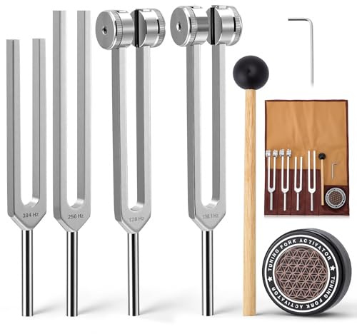 Heilende Stimmgabel Set,Stimmgabel Therapie Set 128hz 136.1hz 256hz 384hz,Klangtherapie Stimmgerät mit Schlägel Aktivator Tasche Aus Leder für Frequenzen Heilung Entspannung Yoga Chakra Balancing