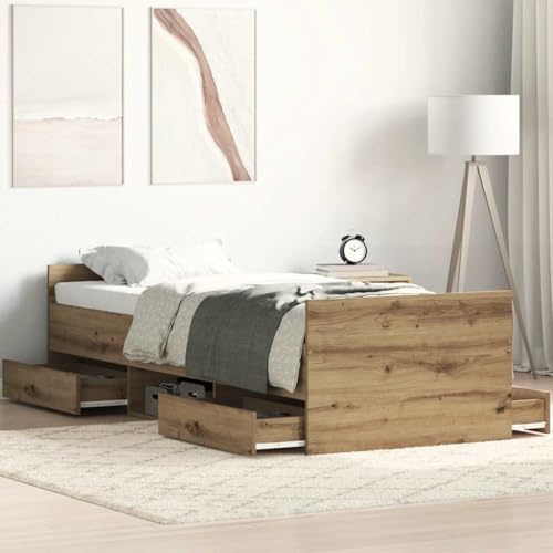 Qnhdfrt Single Bed Frame 90x190 cm Engineered Wood Artisan Oak Under-Bed Storage Drawers for Bedroom Guestroom and Kids Room