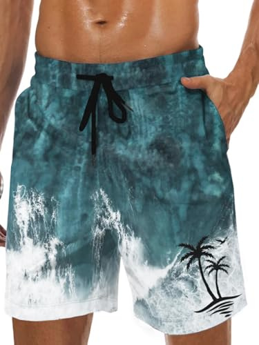 MARZXIN Badeshorts Herren Schnelltrocknend Badehose für Männer mit Meshfutter Boardshorts Lang Strandshorts Atmungsaktiv Schwimmhosen Jungen Tiefblau Meer Palmen M