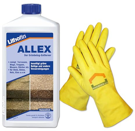 Set 1 Liter Lithofin Allex Grünbelagentferner und 1 Paar Hauswerk.shop Haushaltshandschuhe