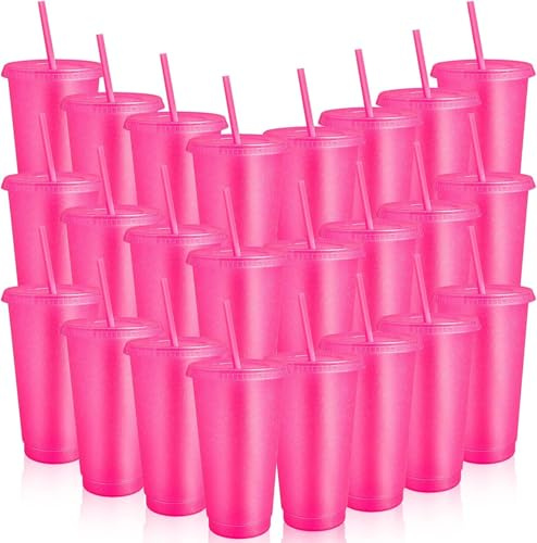 MSYU 24 Pack 24oz Glitter Cups with Lids and Straws, Fuchsia | Plastic Cups and Reusable Tumblers for Iced Coffee, Birthday Parties, Sleepovers and Picnics with a Stylish Glitter Look