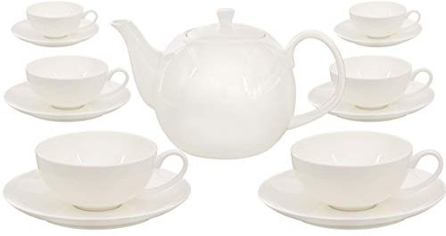 Buchensee Teeservice aus Fine Bone China Porzellan. Teekanne in fein-cremigem Weiß mit 1,5l Füllvolumen, 6 Teetassen und 6 Unterteller.