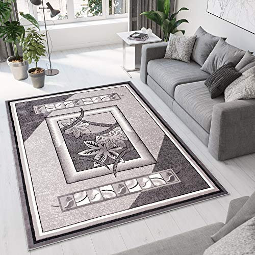 TAPISO Dream Teppich Wohnzimmer Kurzflor Grau Creme Meliert Floral Blumen Bordüre Schlafzimmer Esszimmer Küche ÖKOTEX 60 x 100 cm